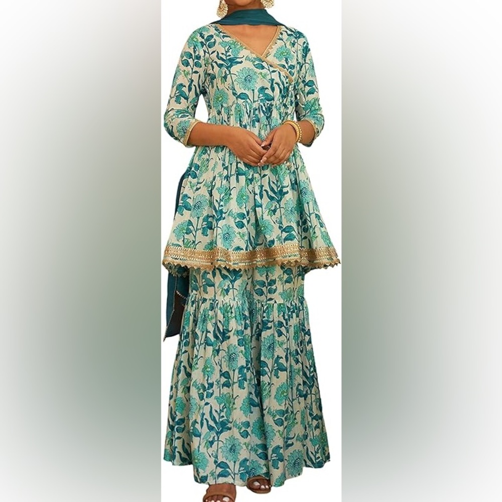 Janasya Indian cotton floral print Kurta set